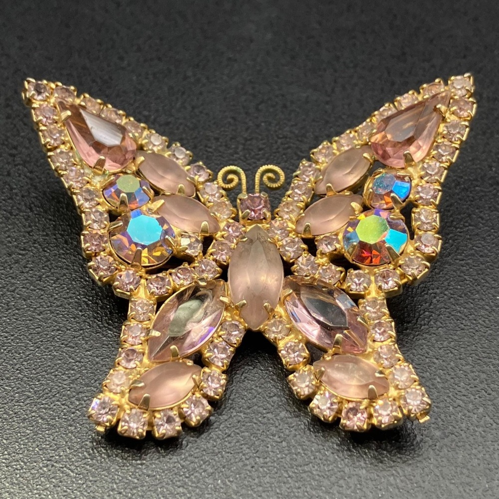 Signed Weiss Butterfly Brooch Pink Frost AB Rhinestone Gold Tone 1950s